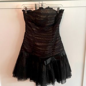 Betsy Johnston - Mini Cocktail dress, 80s style. Strapless with bow & ruffles